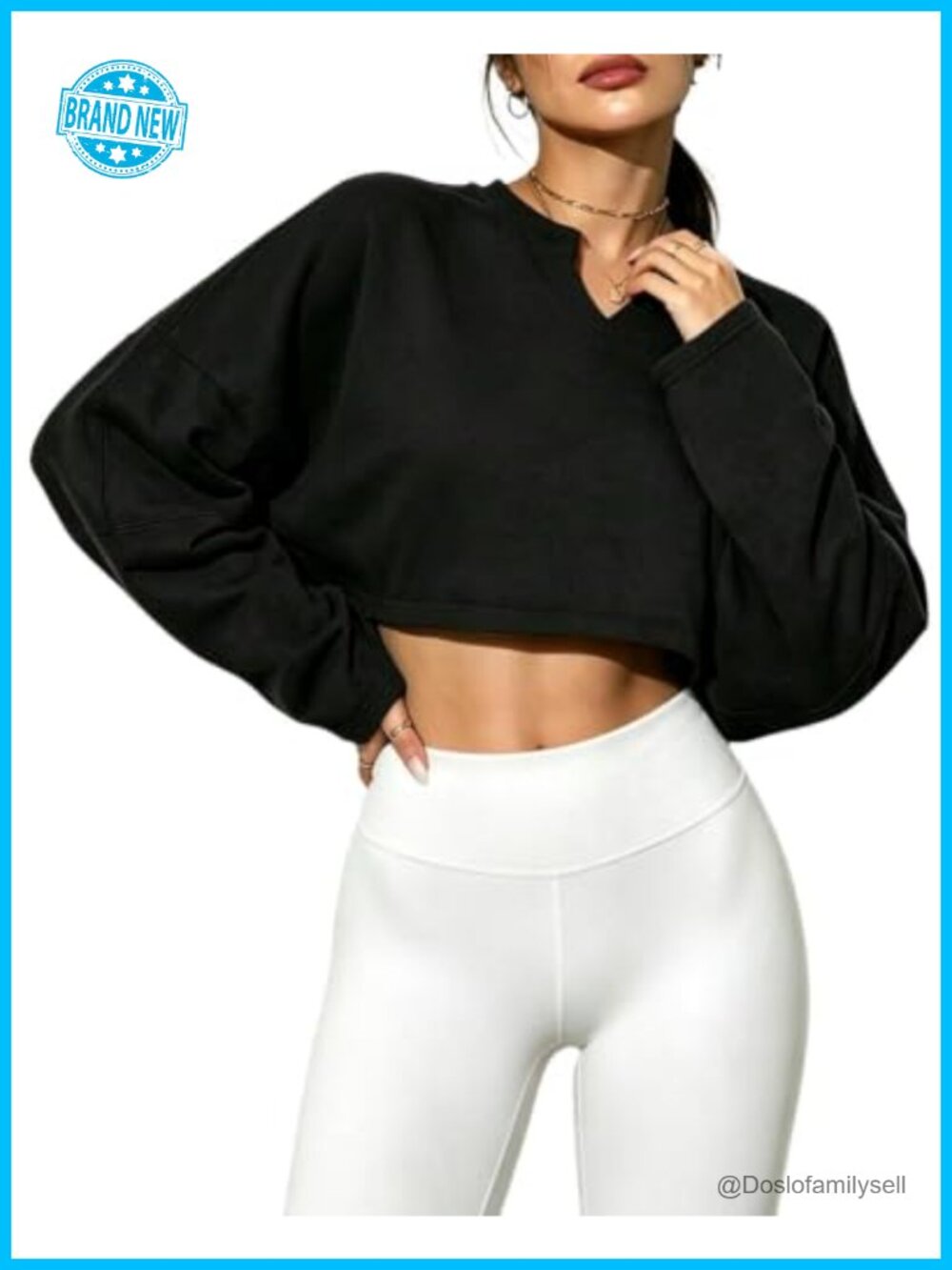 Womens Cropped Sweatshirt V-Neck Long Sleeve Pullover Workout Gym